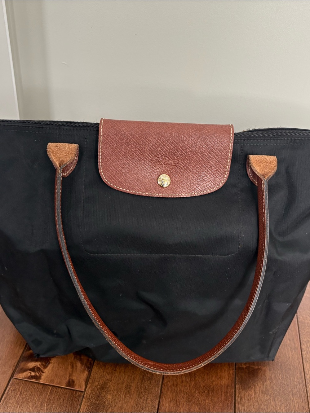 Longchamp Le Pliage Black Nylon Tote with Brown Leather Trim